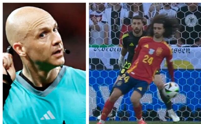 Momen wasit Anthony Taylor ketika memutuskan tidak memberikan penalti untuk Jerman atas handball Cucurella