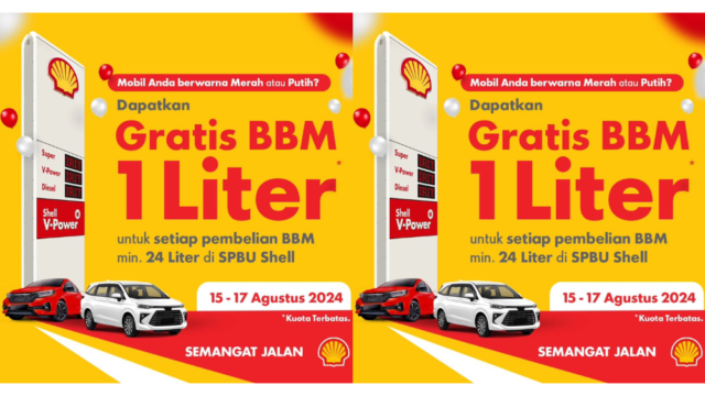 SPBU Shell gratiskan 1 liter BBM untuk mobil warna merah dan putih untuk menyemarakan Hari Kemerdekaan RI ke-79.